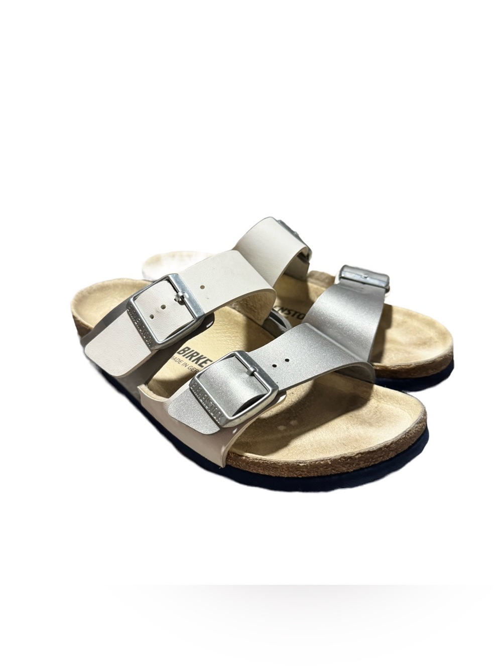 Birkenstock Arizona Split Sandals Women's 38 Leather Two Toned White Silver
